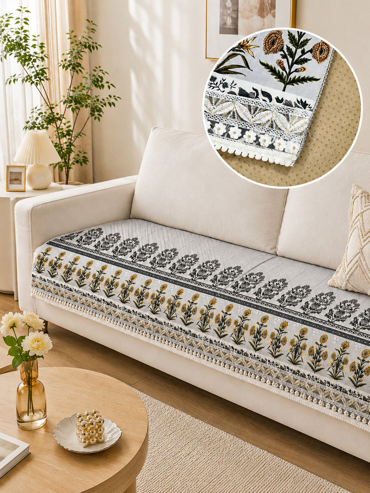 Suede Velvet Sofa Mat | Anti Skid & Machine Washable Sofa Cover Protector | Heritage Stripe - Pearl Grey