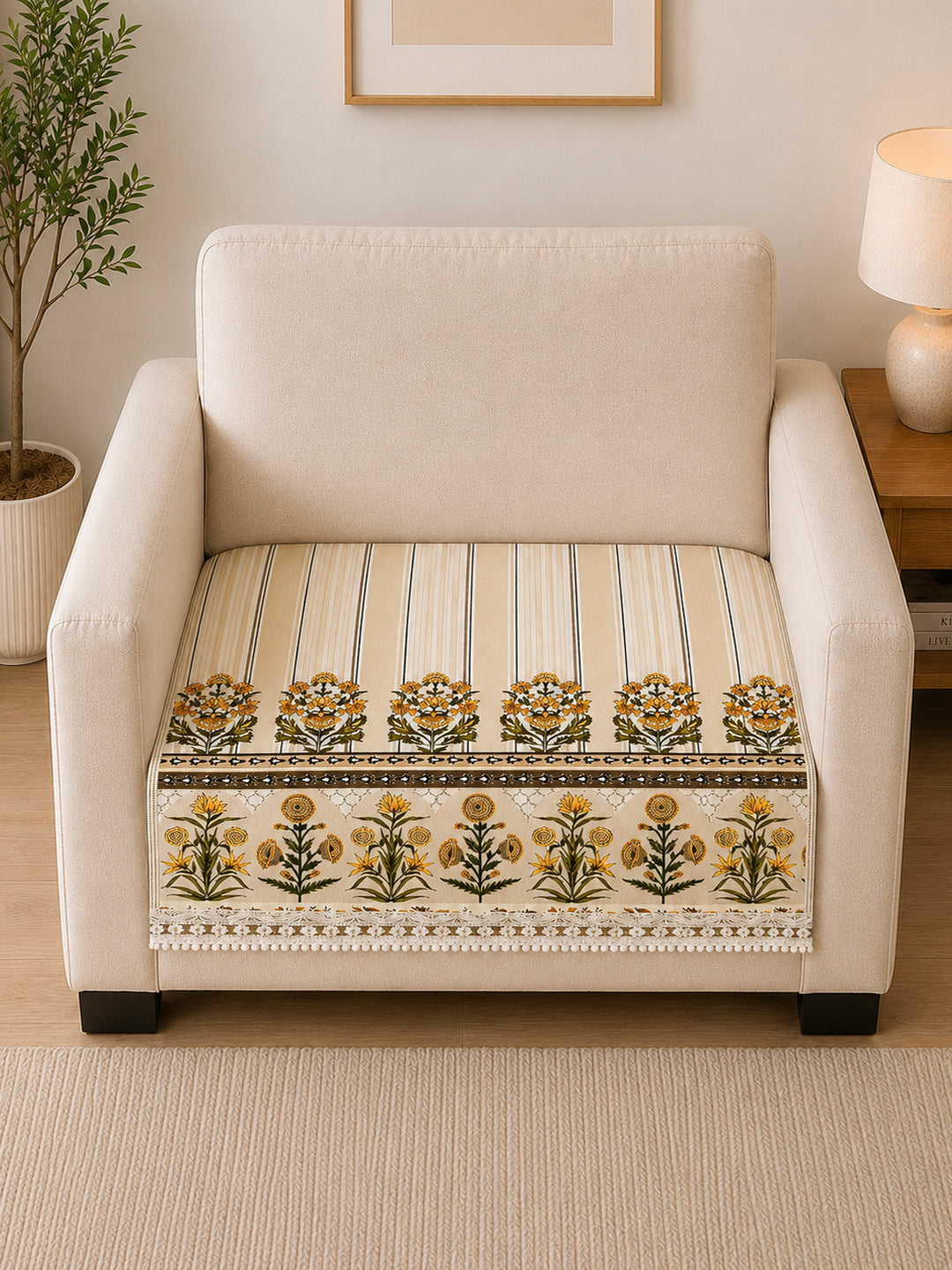 Suede Velvet Sofa Mat 1 Seater | Heritage Stripe - Natural Beige