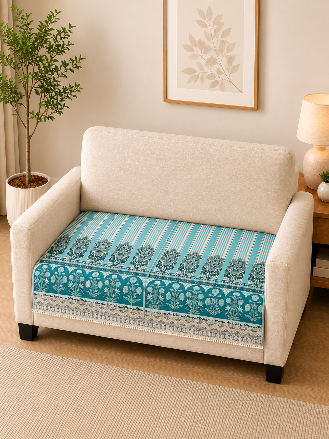 Suede Velvet Sofa Mat 2 Seater | Heritage Stripe - Ocean Blue