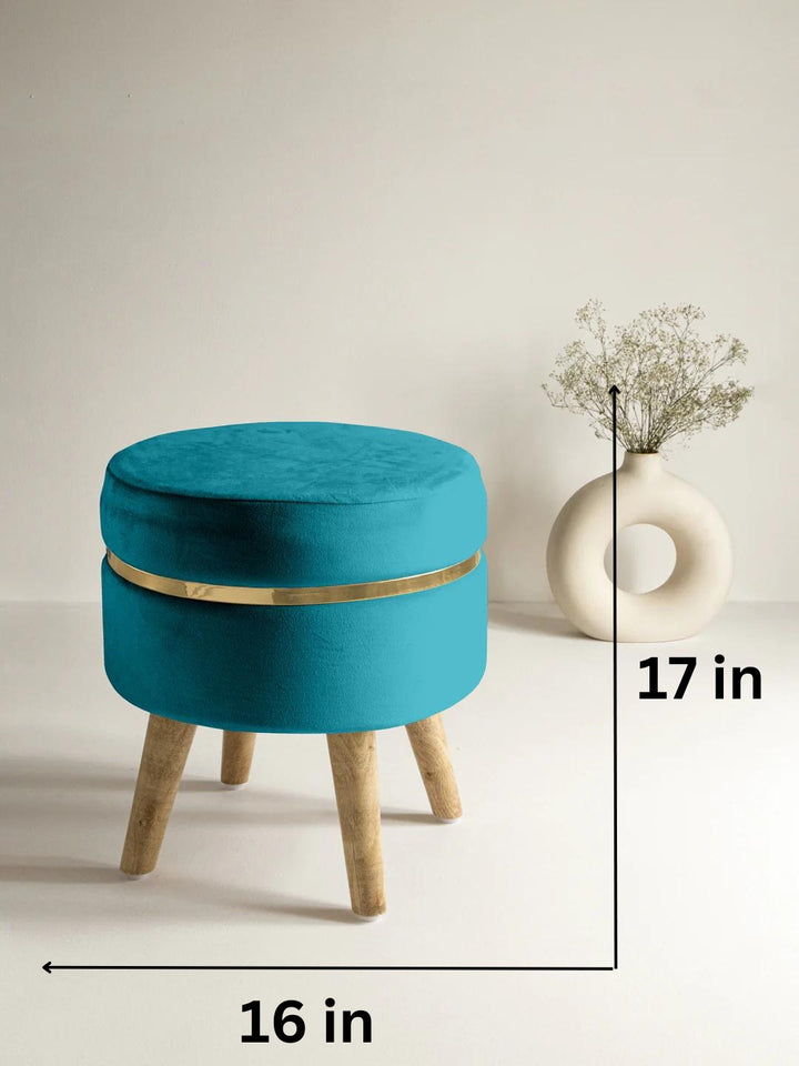 Suede Teal Blue Stool With Golden Ring & Wood Legs