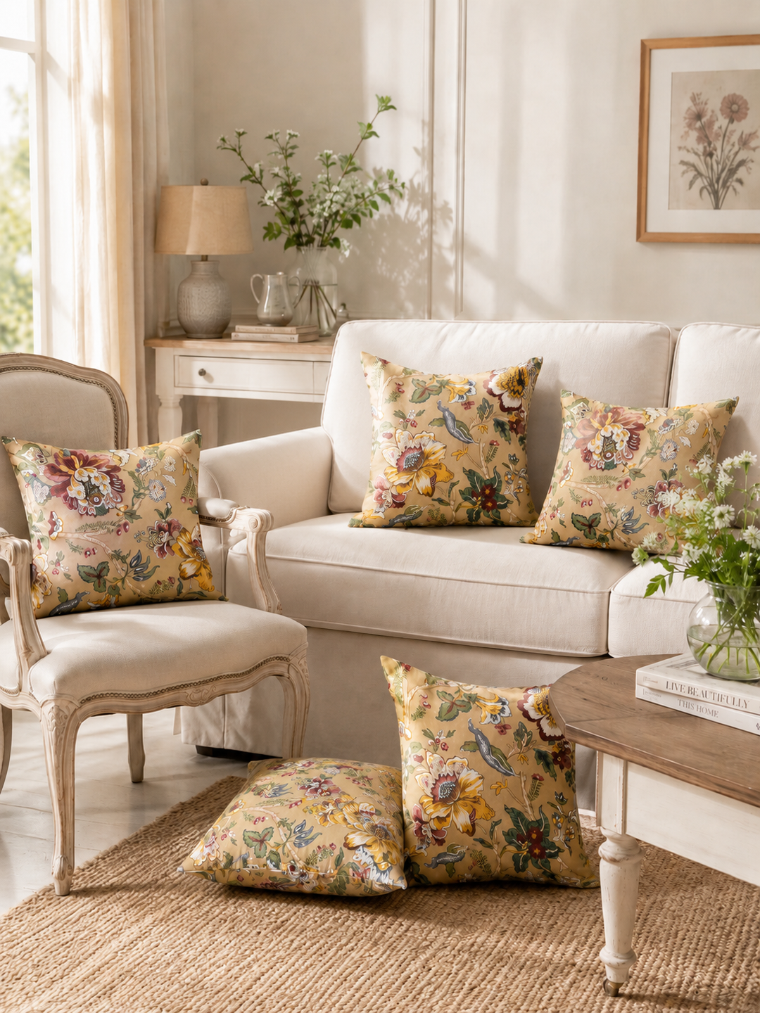 Clasiko Cotton Cushion Covers Set of 5 | 24x24 Inches | Floral Fushion