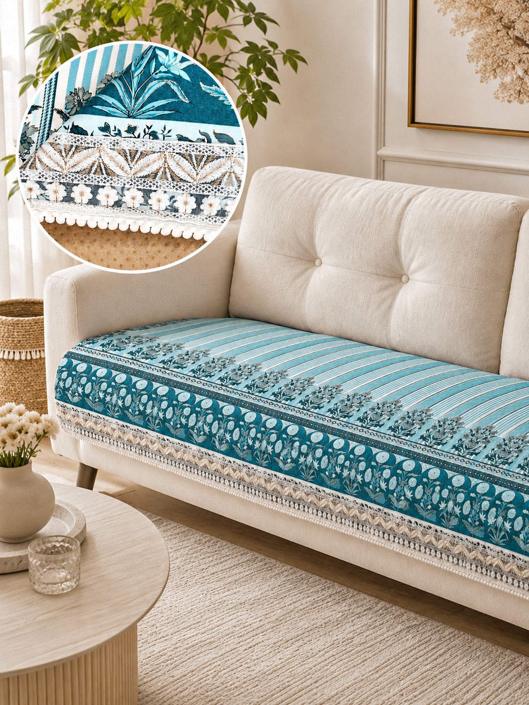Suede Velvet Sofa Mat | Anti Skid & Machine Washable Sofa Cover Protector | Heritage Stripe - Ocean Blue