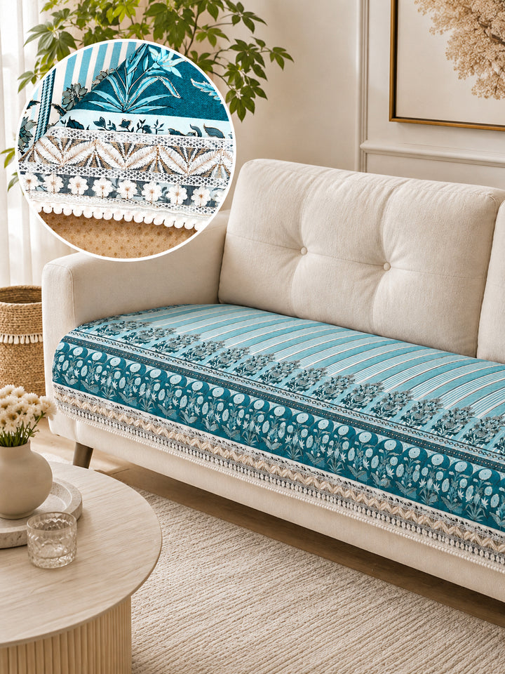 Suede Velvet Sofa Mat | Anti Skid & Machine Washable Sofa Cover Protector | Heritage Stripe - Ocean Blue