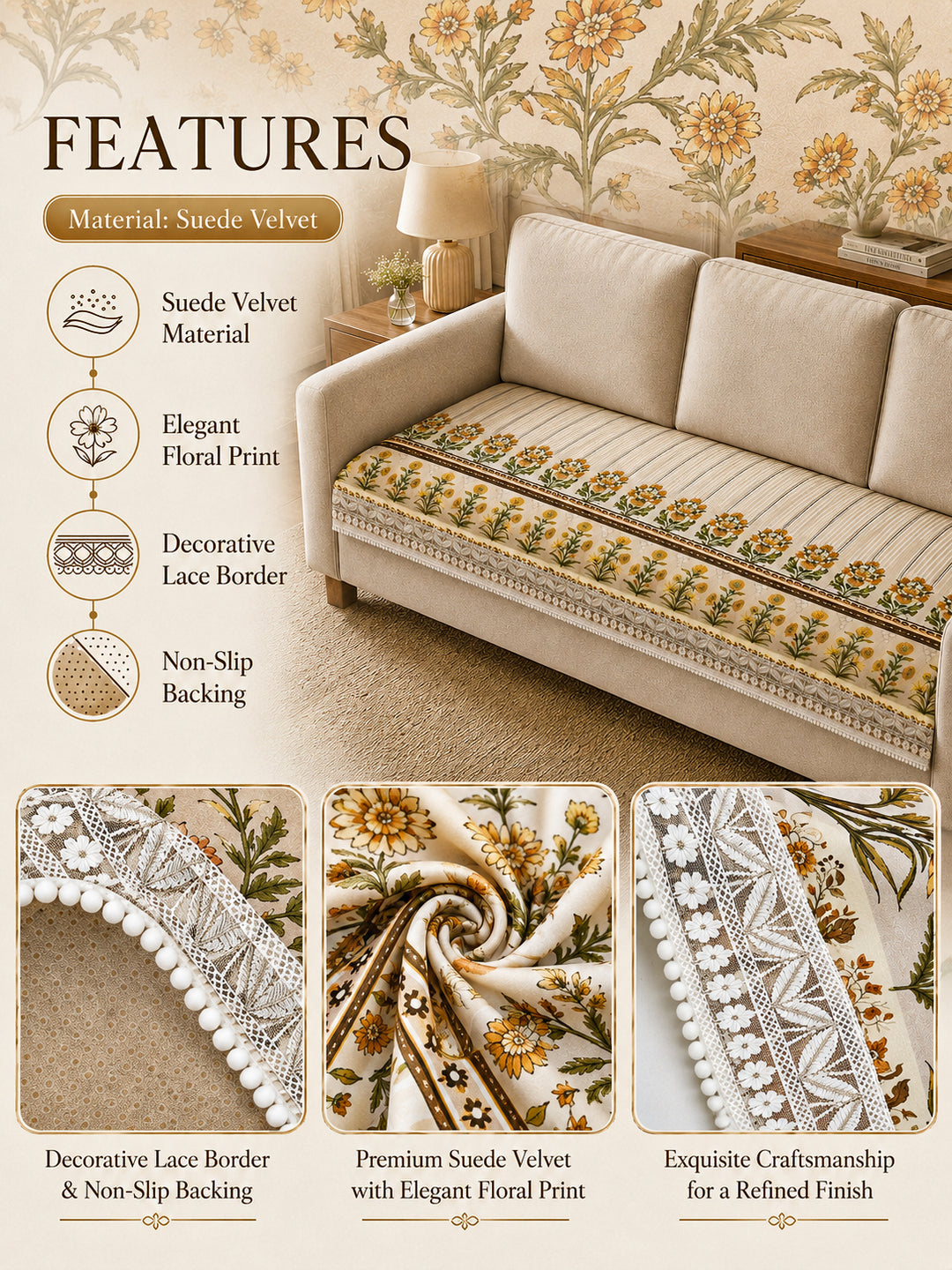 Suede Velvet Sofa Mat | Anti Skid & Machine Washable Sofa Cover Protector | Heritage Stripe - Ivory Cream