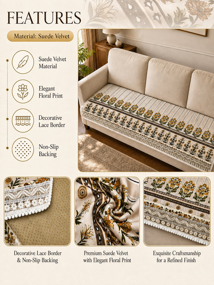 Suede Velvet Sofa Mat | Anti Skid & Machine Washable Sofa Cover Protector | Heritage Stripe - Natural Beige