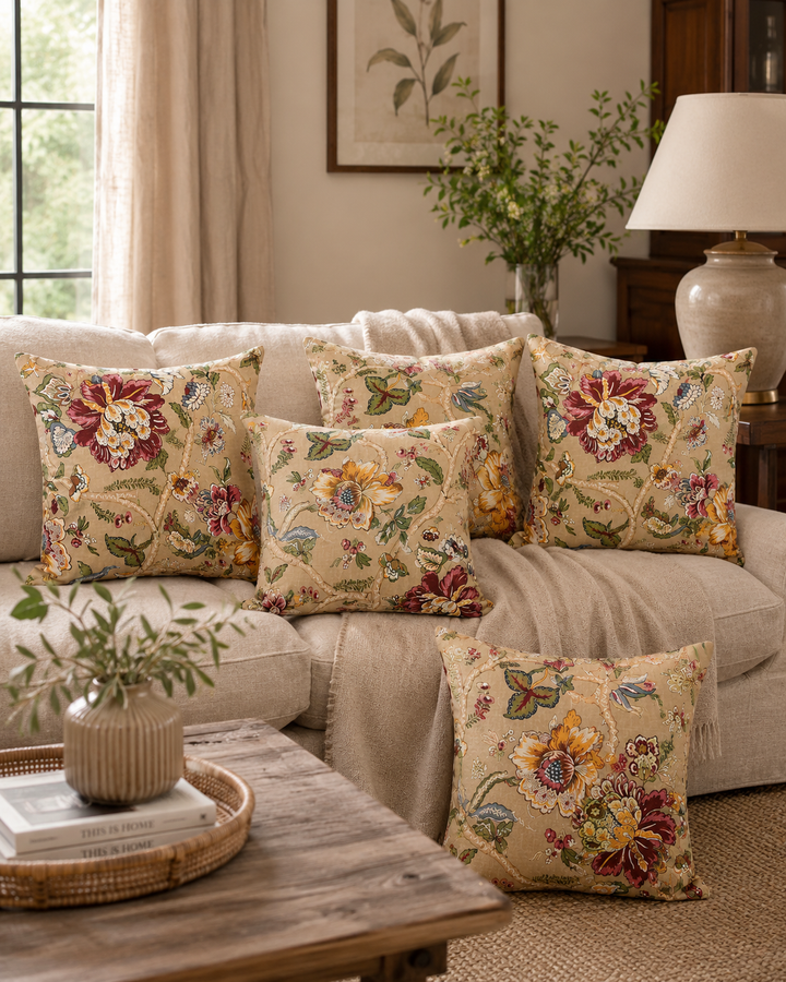 Clasiko Cotton Cushion Covers Set of 5 | 24x24 Inches | Floral Fushion