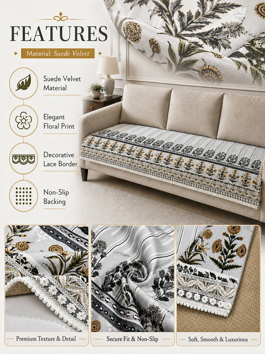 Suede Velvet Sofa Mat | Anti Skid & Machine Washable Sofa Cover Protector | Heritage Stripe - Pearl Grey