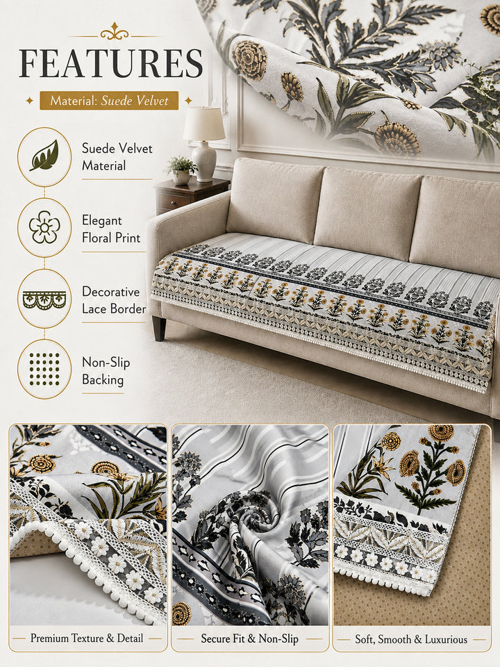Suede Velvet Sofa Mat | Anti Skid & Machine Washable Sofa Cover Protector | Heritage Stripe - Pearl Grey