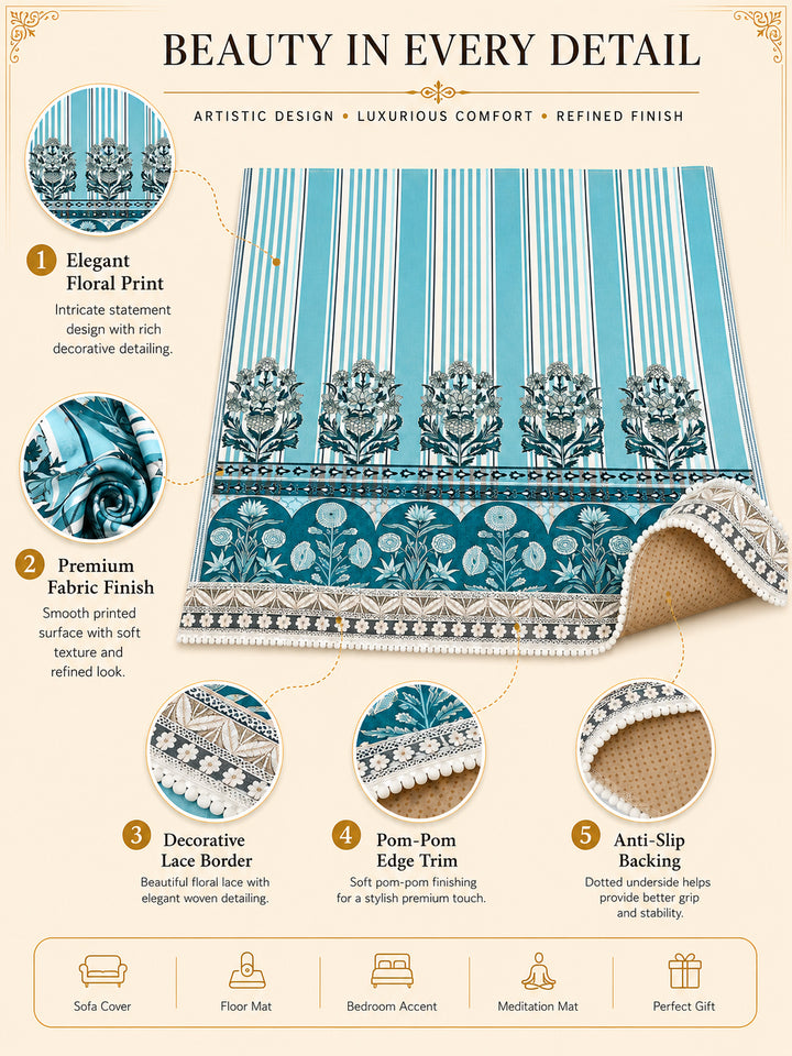 Velvet Sofa Mat 1 Seater Back & Seat | Heritage Stripe - Ocean Blue