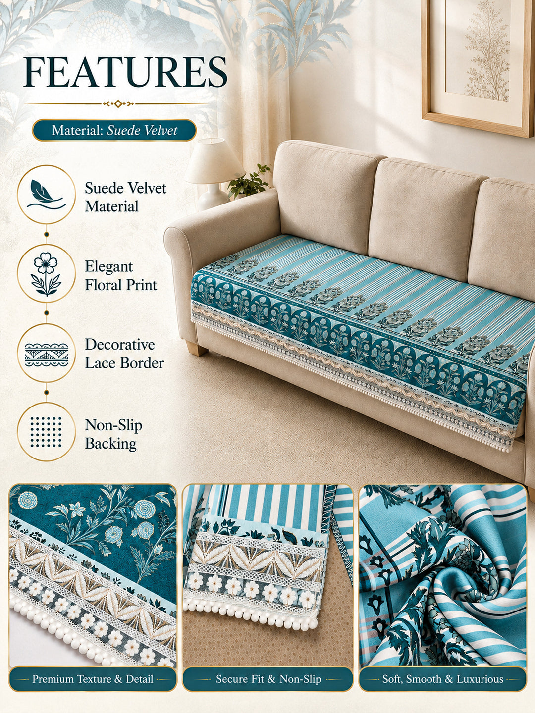 Suede Velvet Sofa Mat | Anti Skid & Machine Washable Sofa Cover Protector | Heritage Stripe - Ocean Blue