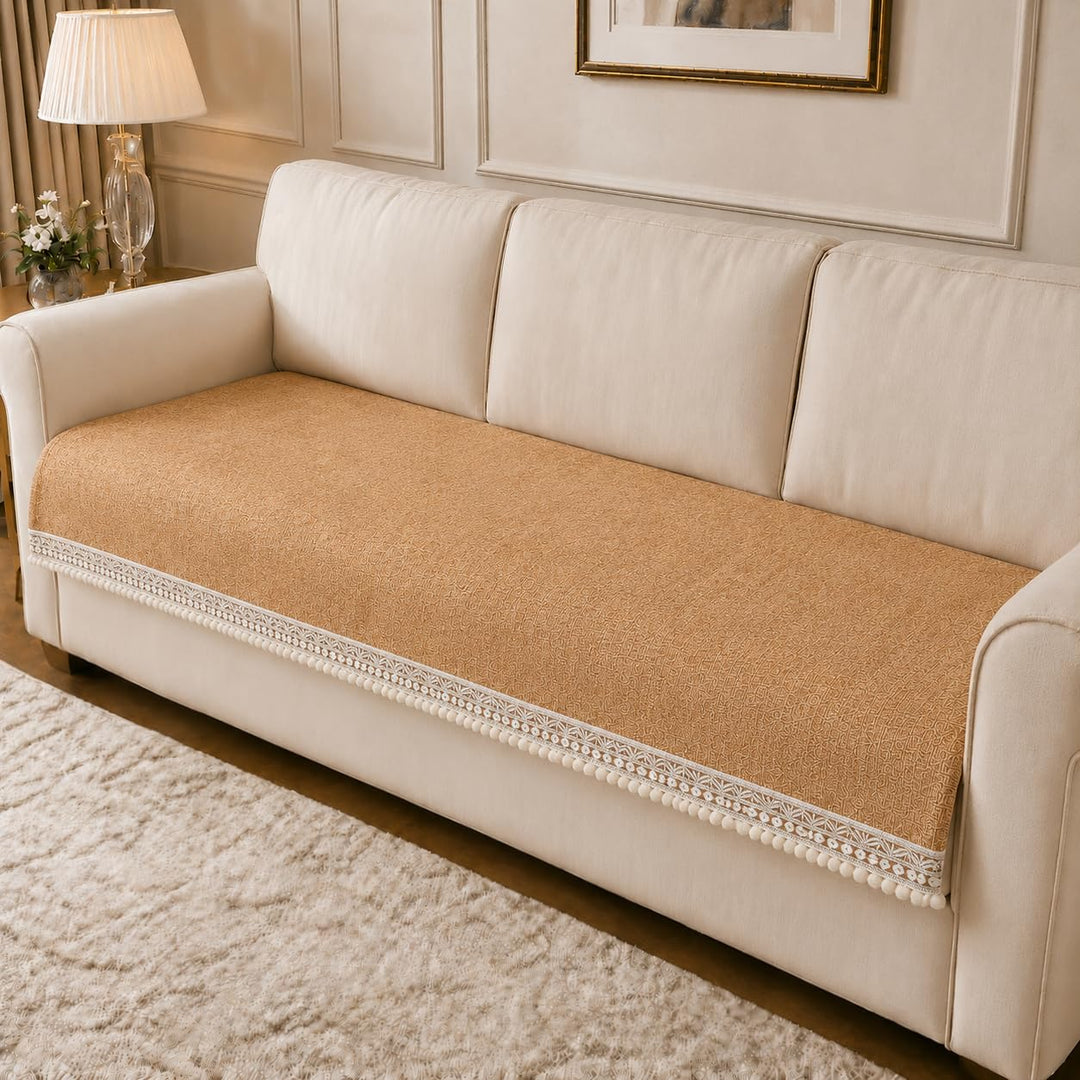Suede Velvet Sofa Mat Available in 3 Seater | Anti Skid & Machine Washable Sofa Cover Protector | Sand Beige