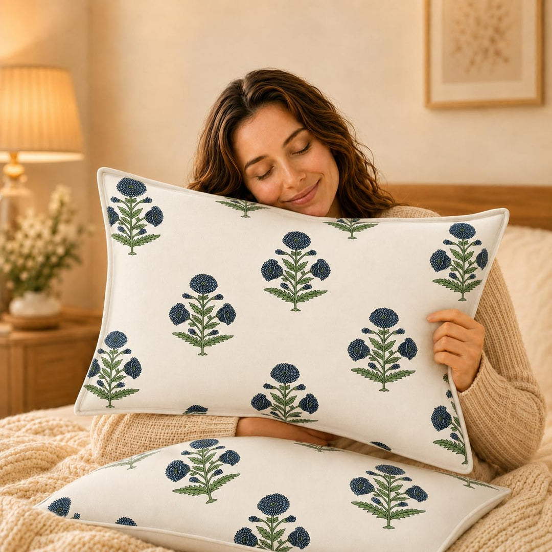 100% Cotton Pillow Covers Set of 2, Indigo Essence, 17x 27 Inch
