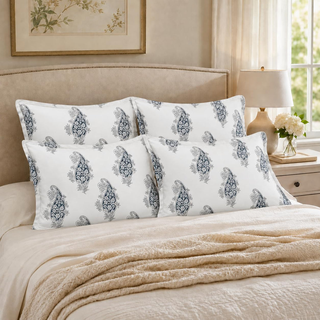100% Cotton Pillow Covers Set of 4, Indigo Paisley, 17x 27 Inch