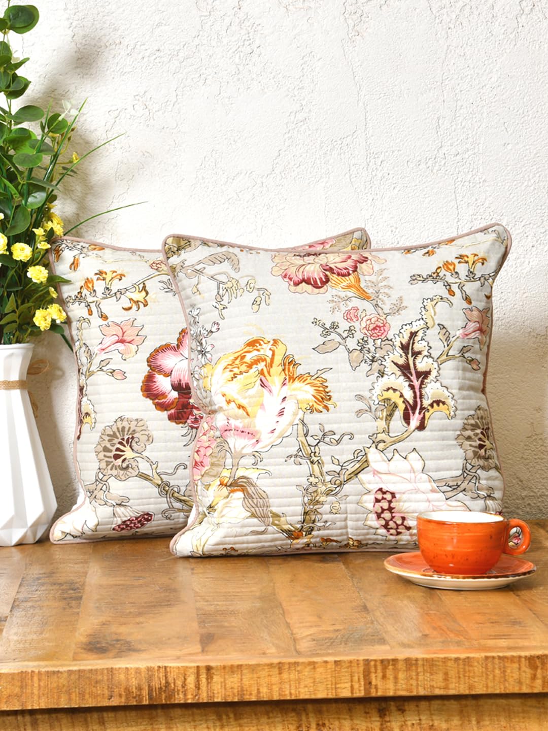 Cotton 300 TC Cushion Covers Set of 2; 20X20 Inches; Multicolor Flowers On Beige