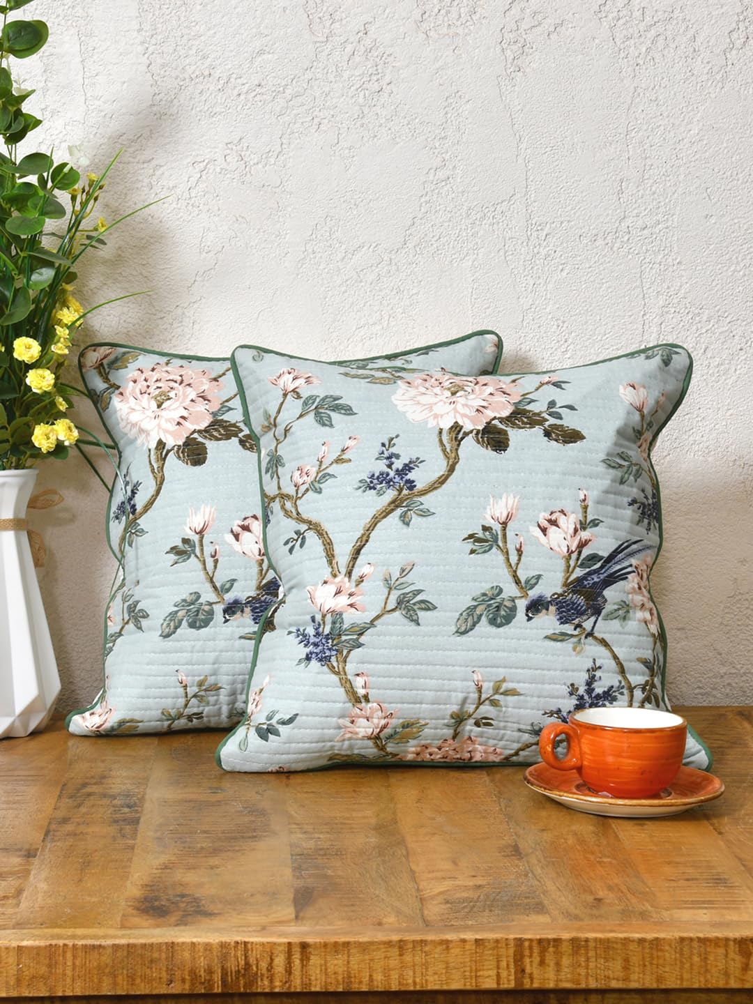 Cotton 300 TC Cushion Covers Set of 2; 12X12 Inches; Light Flowers On Light Blue