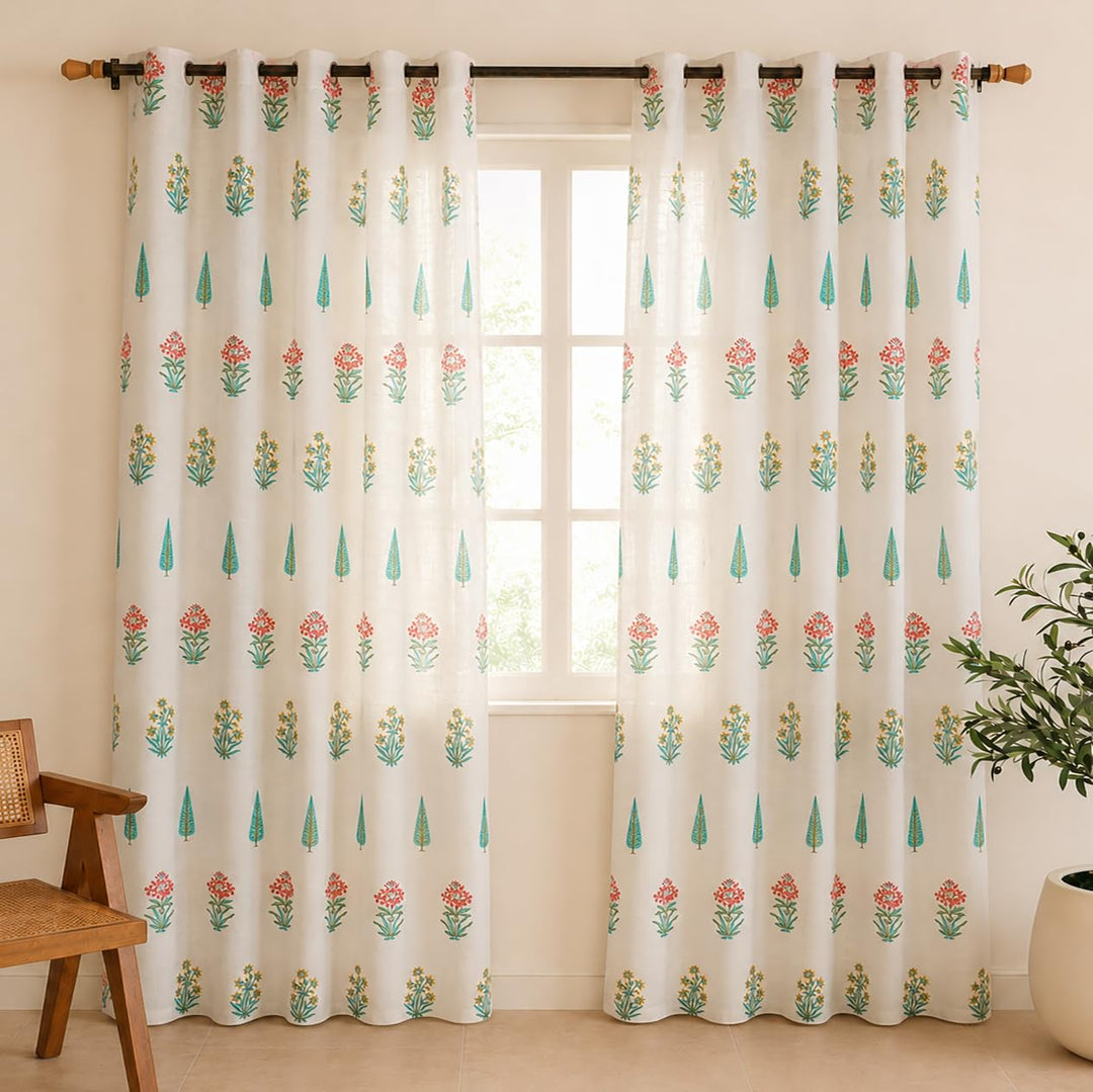 Block Print Sheer Door Curtains| 5 Feet | 40% Light Filtering Linen Textured Curtains with Eyelets | Elegant Floral