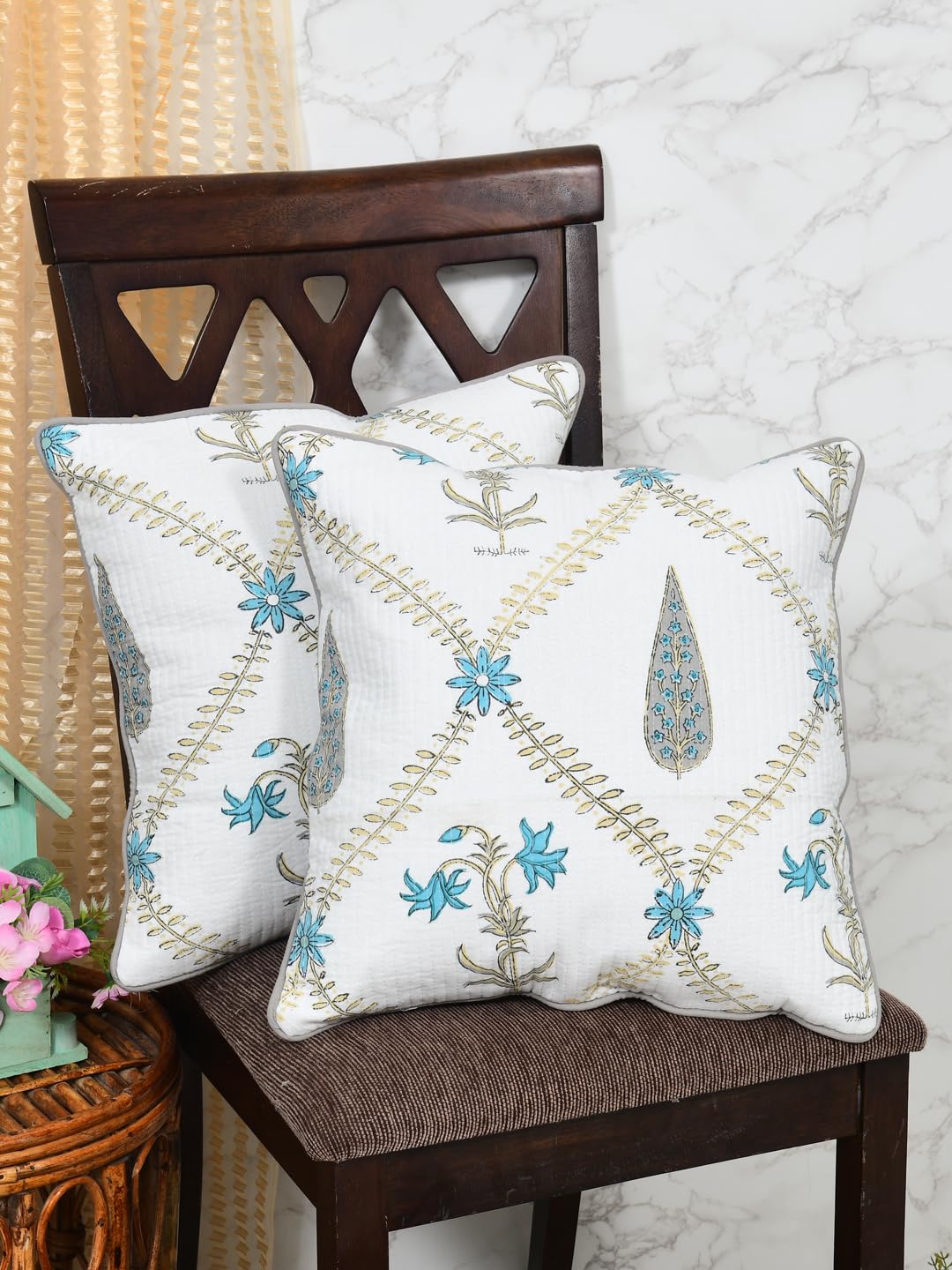 Cotton Cushion Covers Set of 2; 18x18 Inches; Blue Floral Block Print
