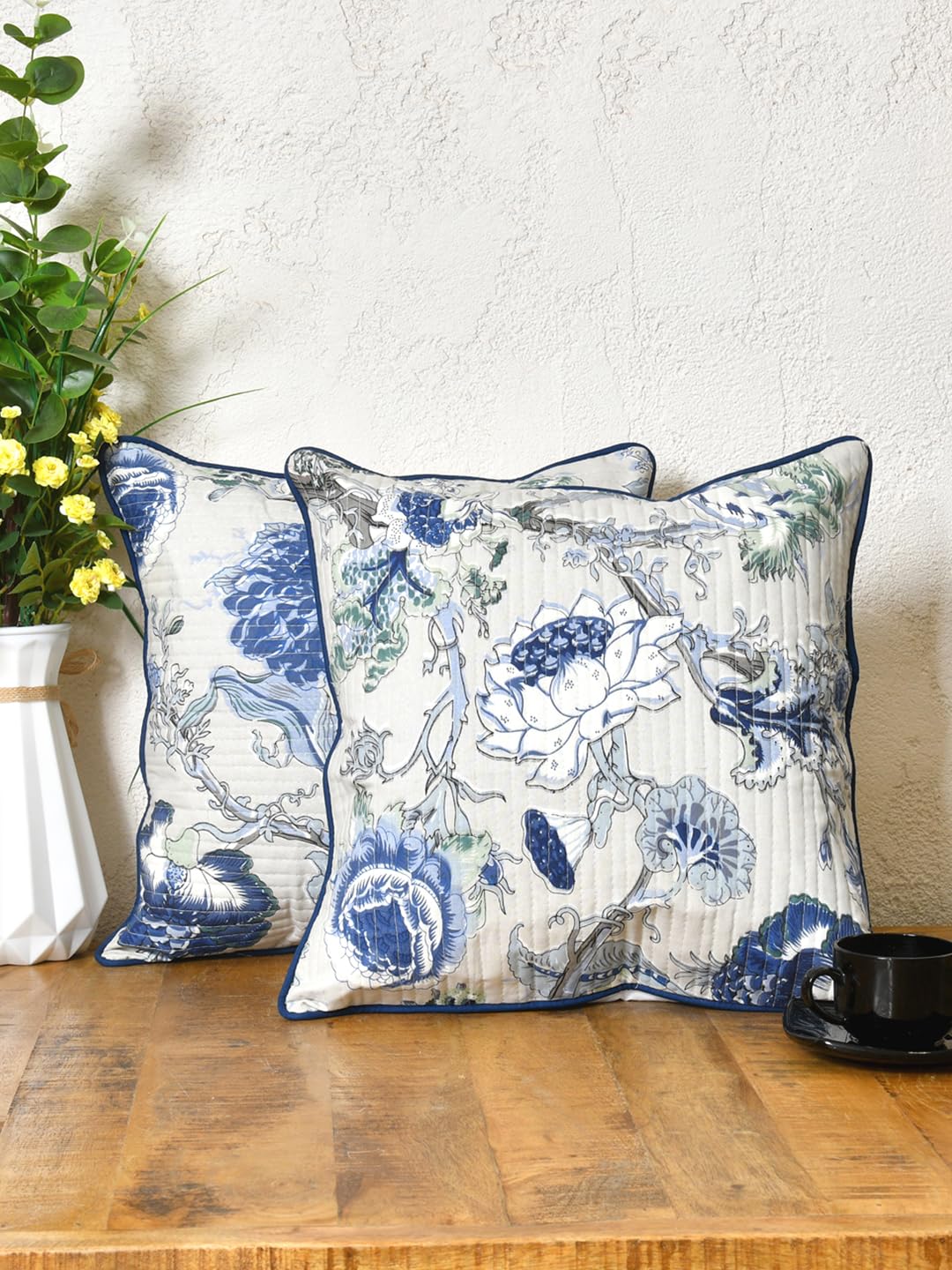 Cotton 300 TC Cushion Covers Set of 2; 20X20 Inches; Blue Flowers