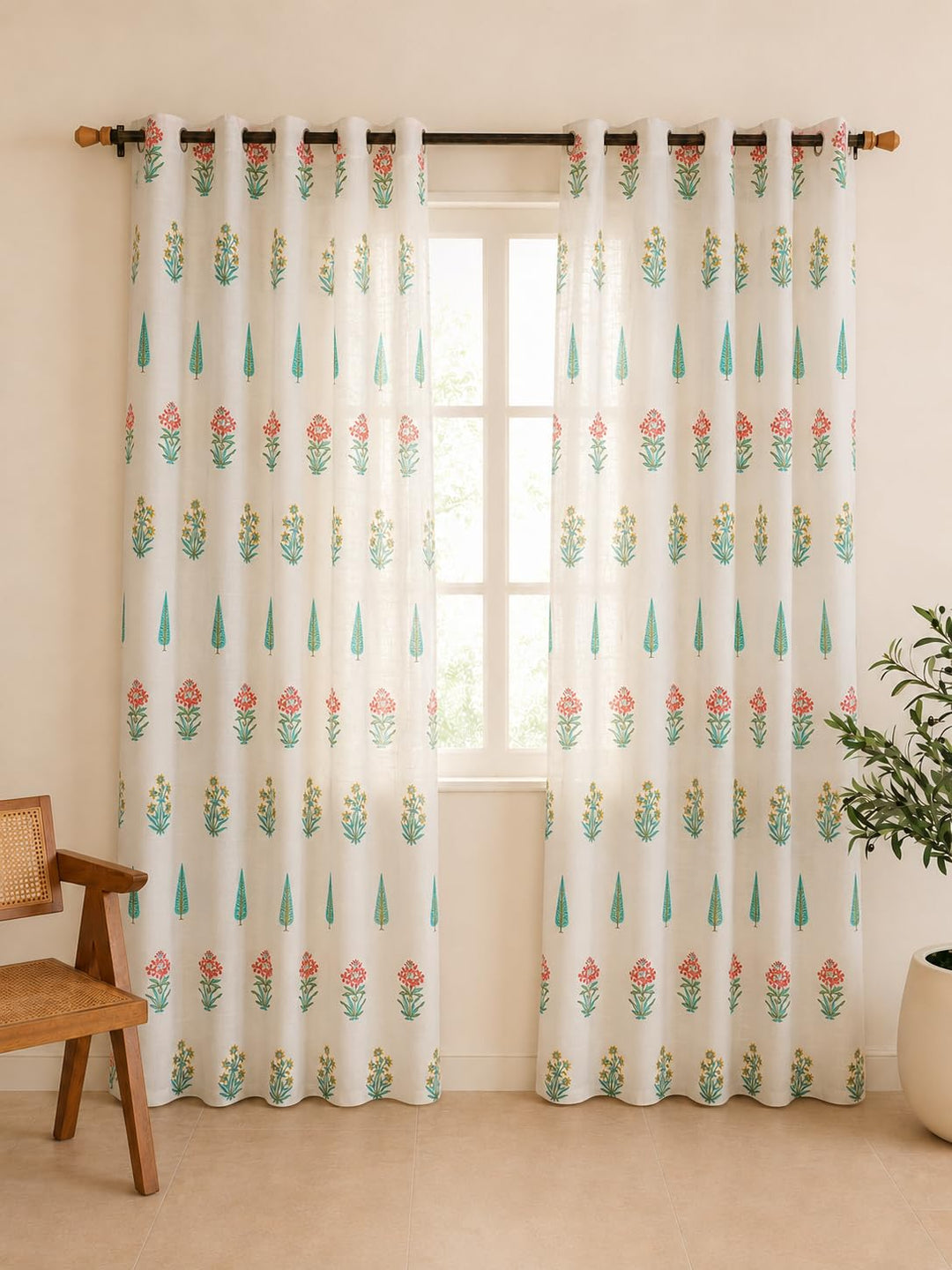 Block Print Sheer Door Curtains| 7 Feet | 40% Light Filtering Linen Textured Curtains with Eyelets | Elegant Floral