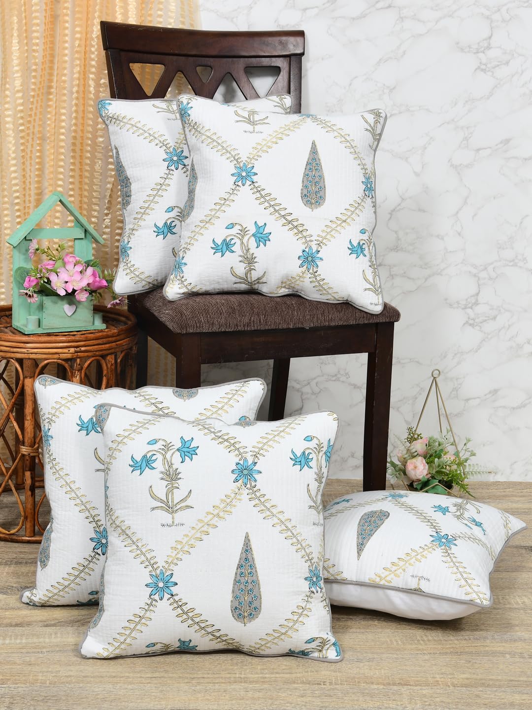 Cotton Cushion Covers Set of 5; 18x18 Inches; Blue Floral Block Print