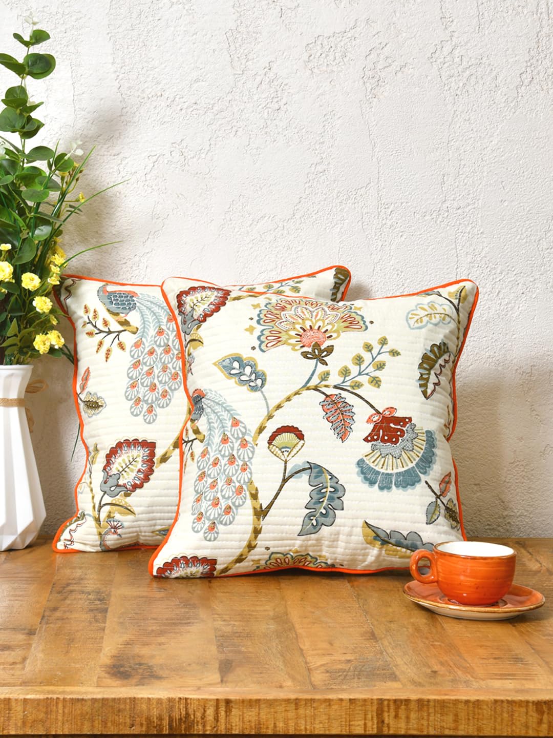 Cotton Cushion Covers Set of 2; 20x20 Inches; Multicolor Peacock