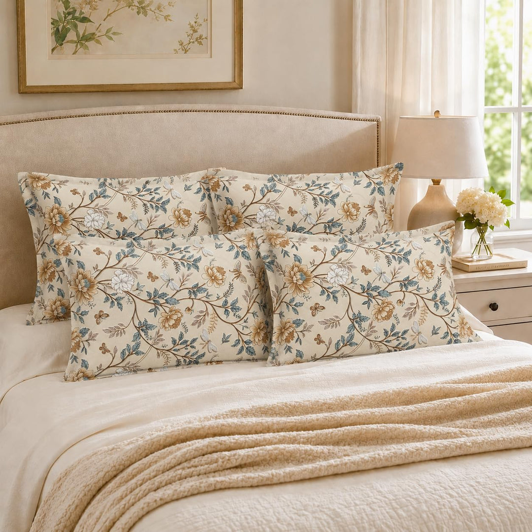 100% Cotton Pillow Covers Set of 4, Golden Bloom, 17x 27 Inch