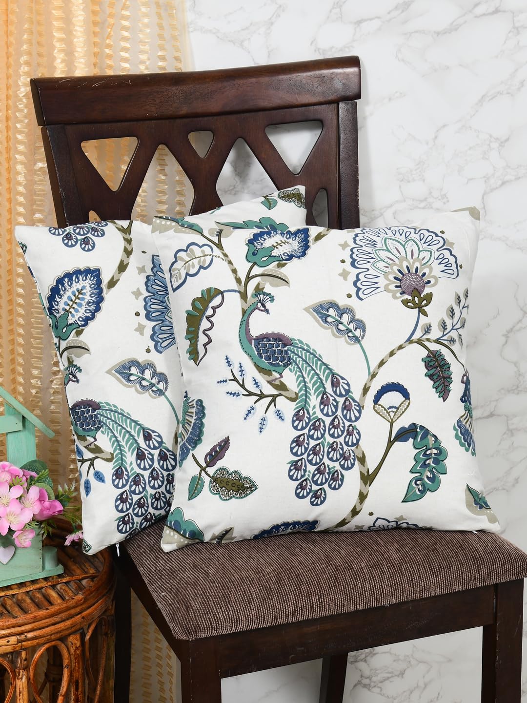 Cotton Cushion Covers; Living Room Throw Cushion; Set of 2; 18x18 Inches; Blue Gardenia