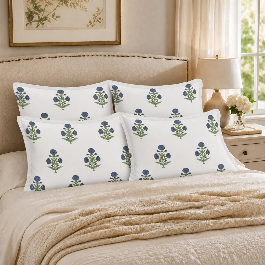 100% Cotton Pillow Covers Set of 4, Indigo Essence, 17x 27 Inch