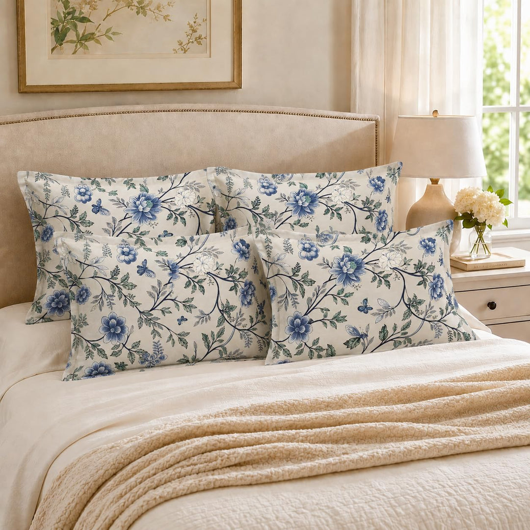 100% Cotton Pillow Covers Set of 4, Indigo Leaf, 17x 27 Inch