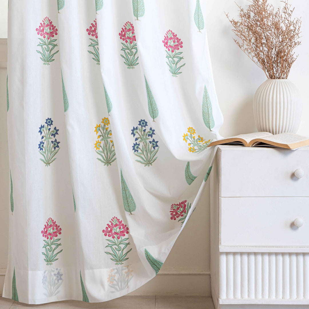 Block Print Sheer Door Curtains; 40% Light Filtering Linen Textured Curtains with Eyelets; Set of 2; 54x60 Inches/ 5 Feet; Tropical Oasis