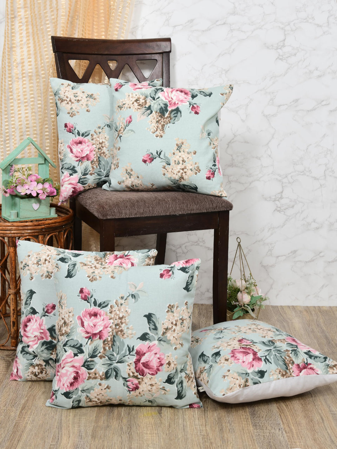 Premium Duck Cotton Decorative Throw Cushion Covers for Sofa Living Room ; Set of 5; 24x24 Inches; Floral Embrace