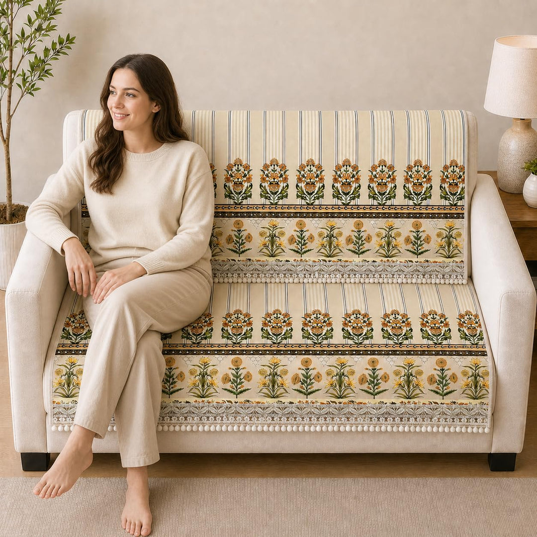 Suede Velvet Sofa Mat 2 Seater Back & Seat | Stripe - Ivory Cream