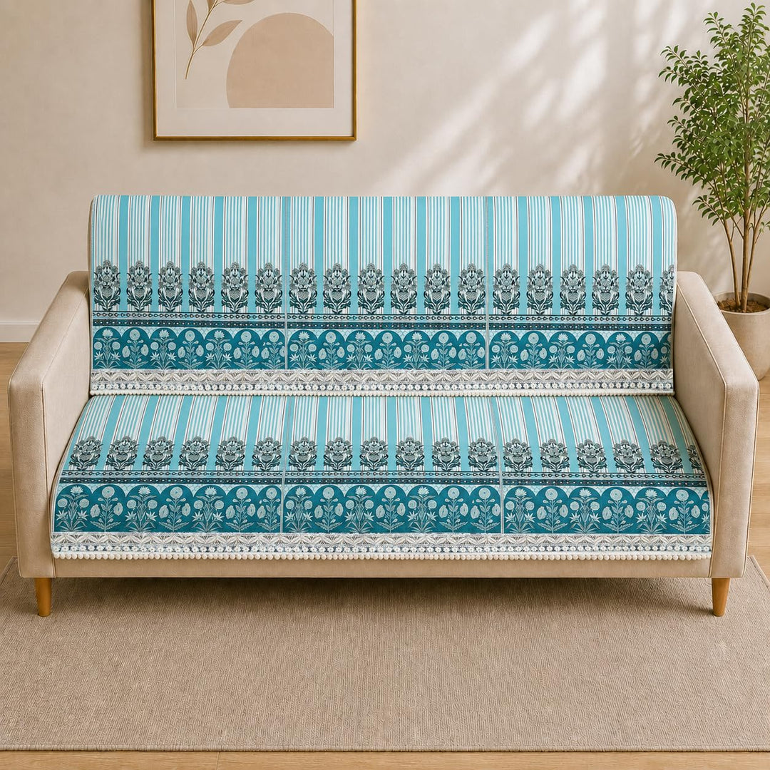 Suede Velvet Sofa Mat 3 Seater Back & Seat | Stripe - Ocean Blue