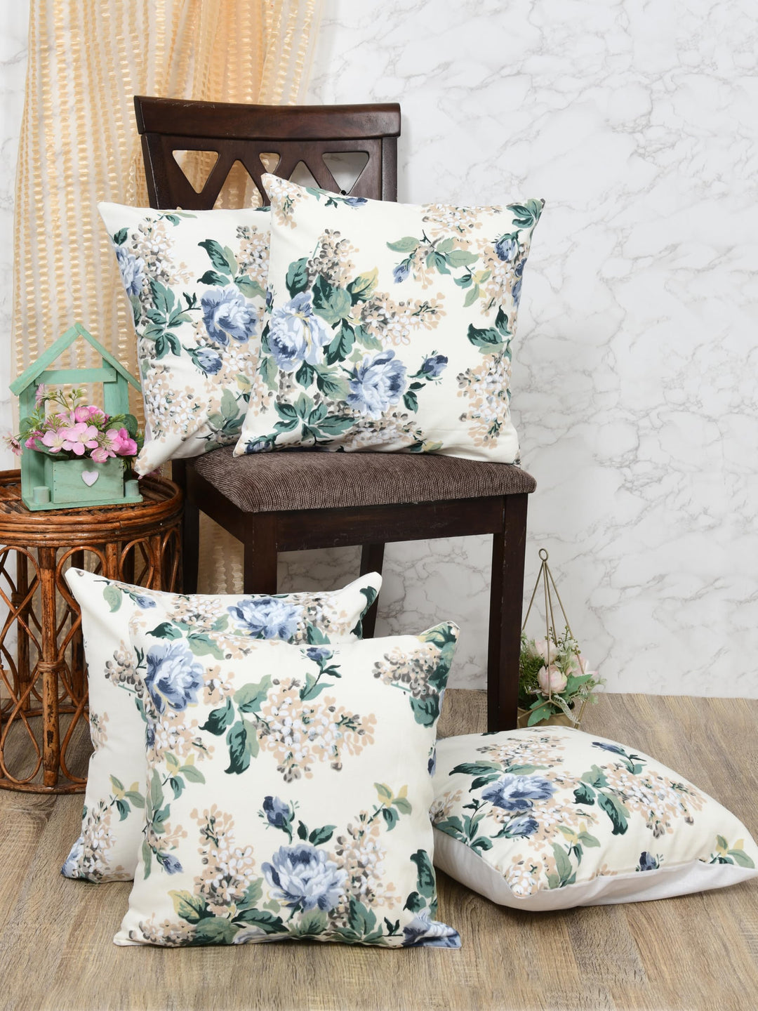 Premium Duck Cotton Decorative Throw Cushion Covers for Sofa Living Room ; Set of 5; 24x24 Inches; Spring Meadow
