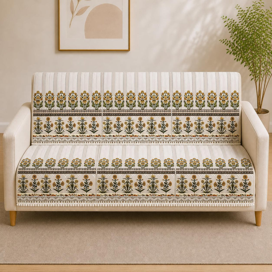 Suede Velvet Sofa Mat 3 Seater Back & Seat | Stripe - Natural Beige