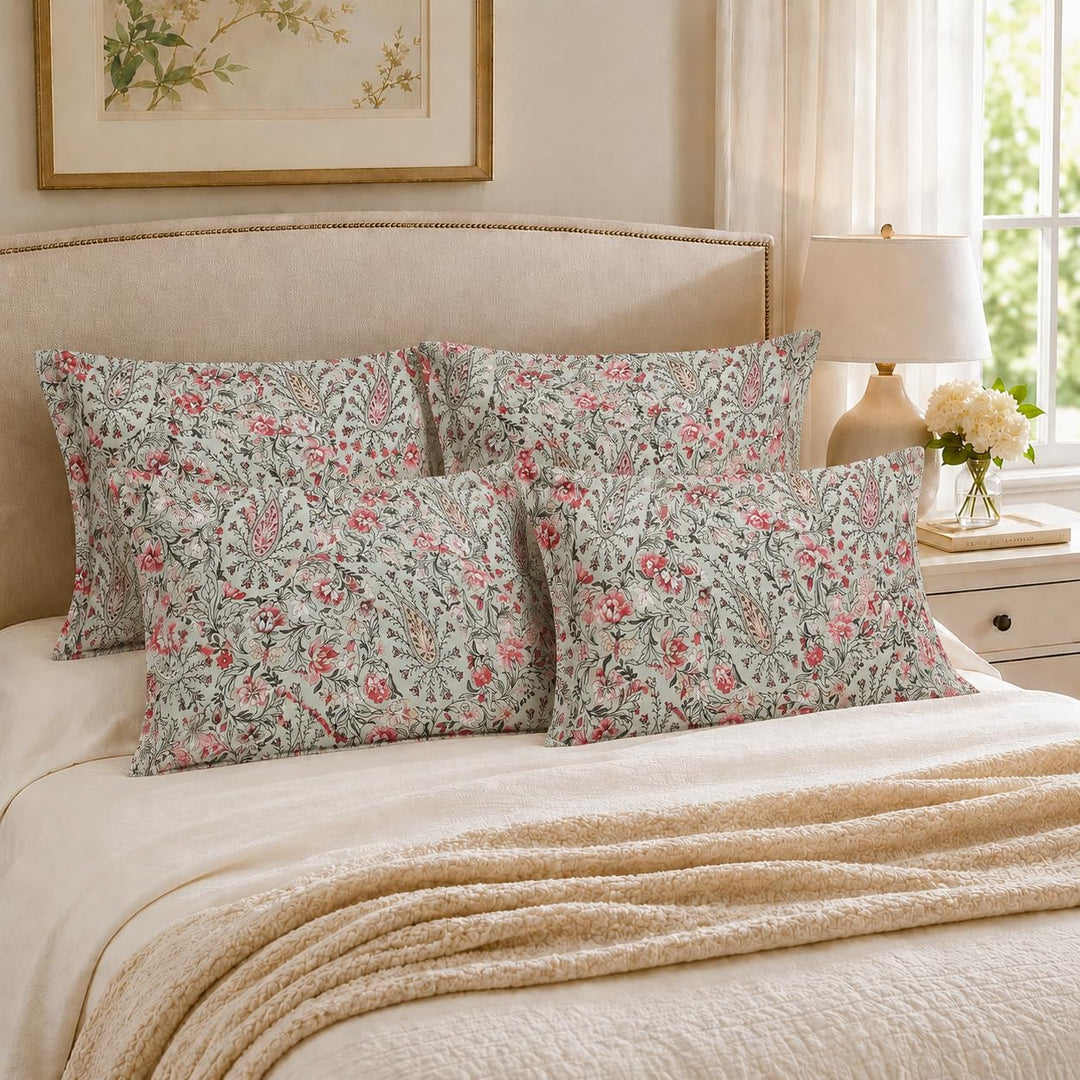 100% Cotton Pillow Covers Set of 4, Sage Coral, 17x 27 Inch