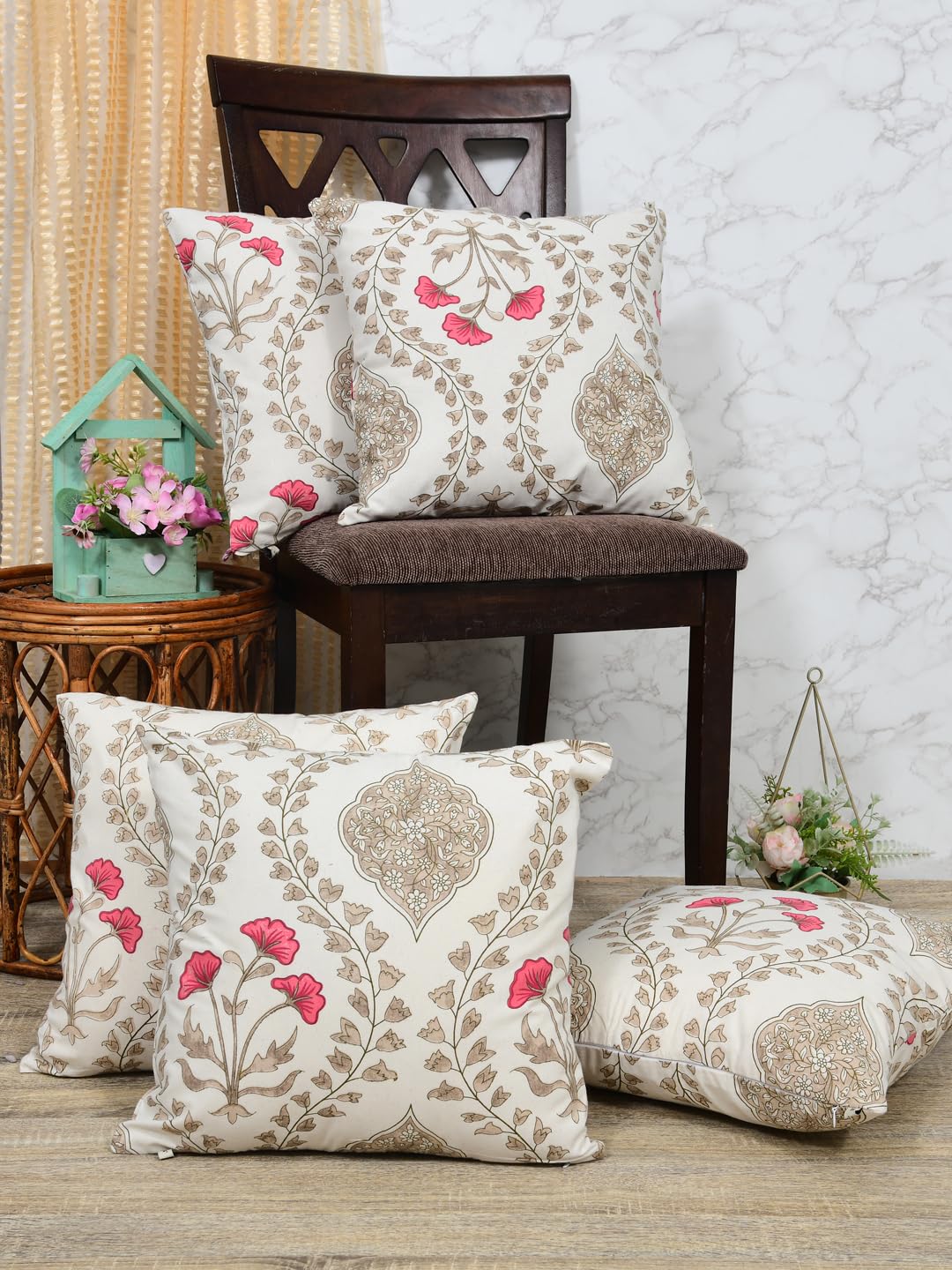 Cotton Cushion Covers Set of 5; 12x12 Inches; Pink Beige Floral