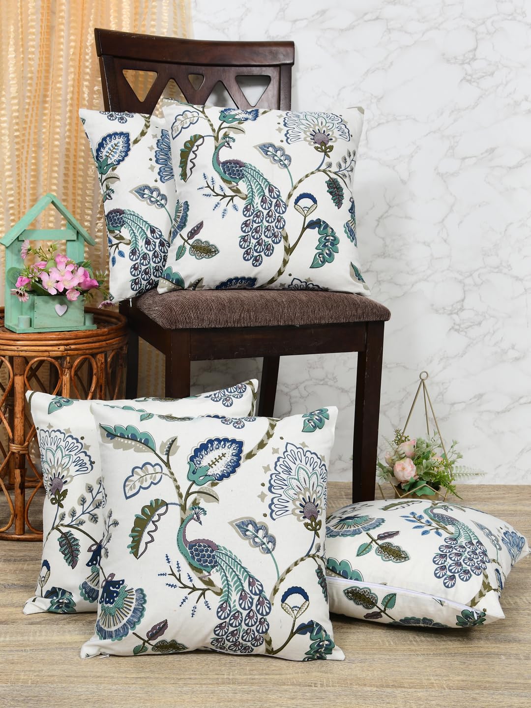 Cotton Cushion Covers Set of 5; 18x18 Inches; Blue Gardenia