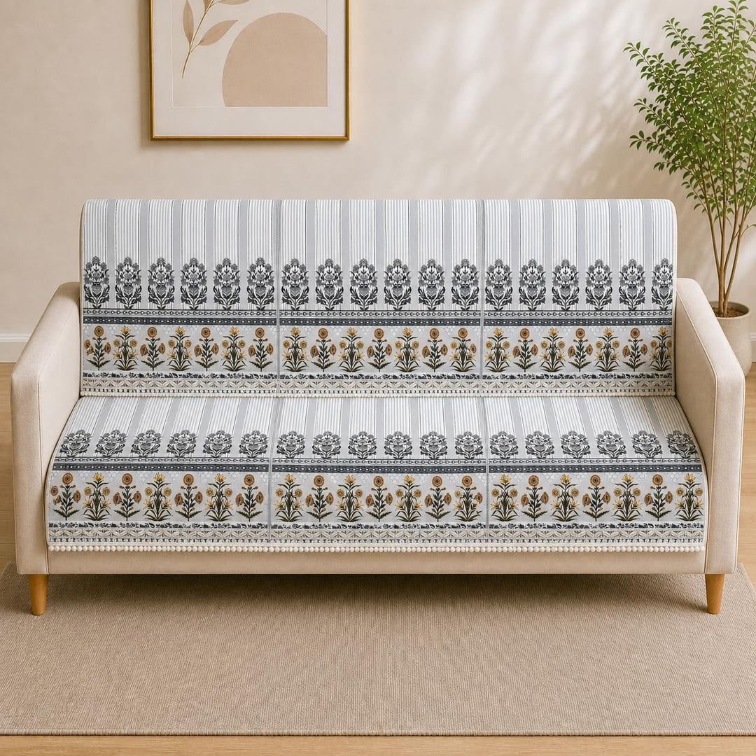 Suede Velvet Sofa Mat 3 Seater Back & Seat | Stripe - Pearl Grey