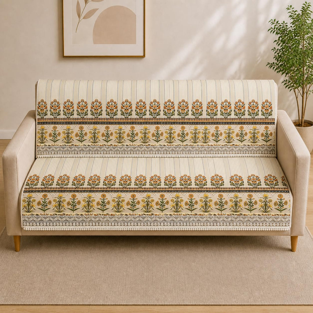 Suede Velvet Sofa Mat 3 Seater Back & Seat | Stripe - Ivory Cream