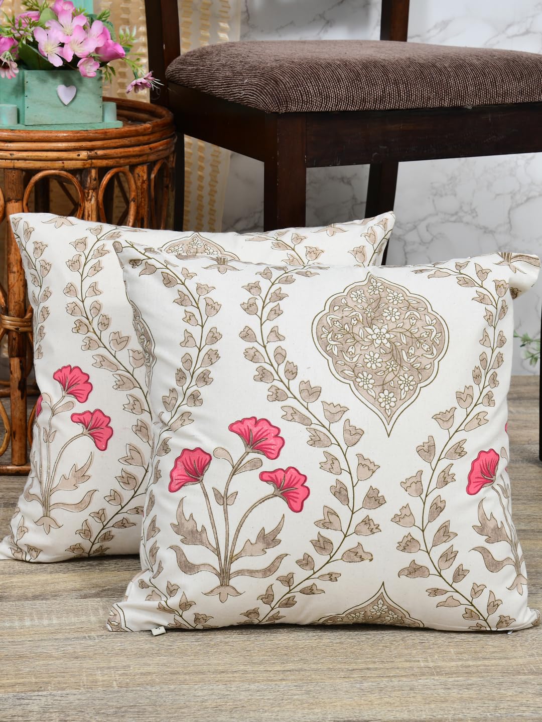Cotton Cushion Covers; Living Room Throw Cushion; Set of 2; 20x20 Inches; Pink Beige Floral