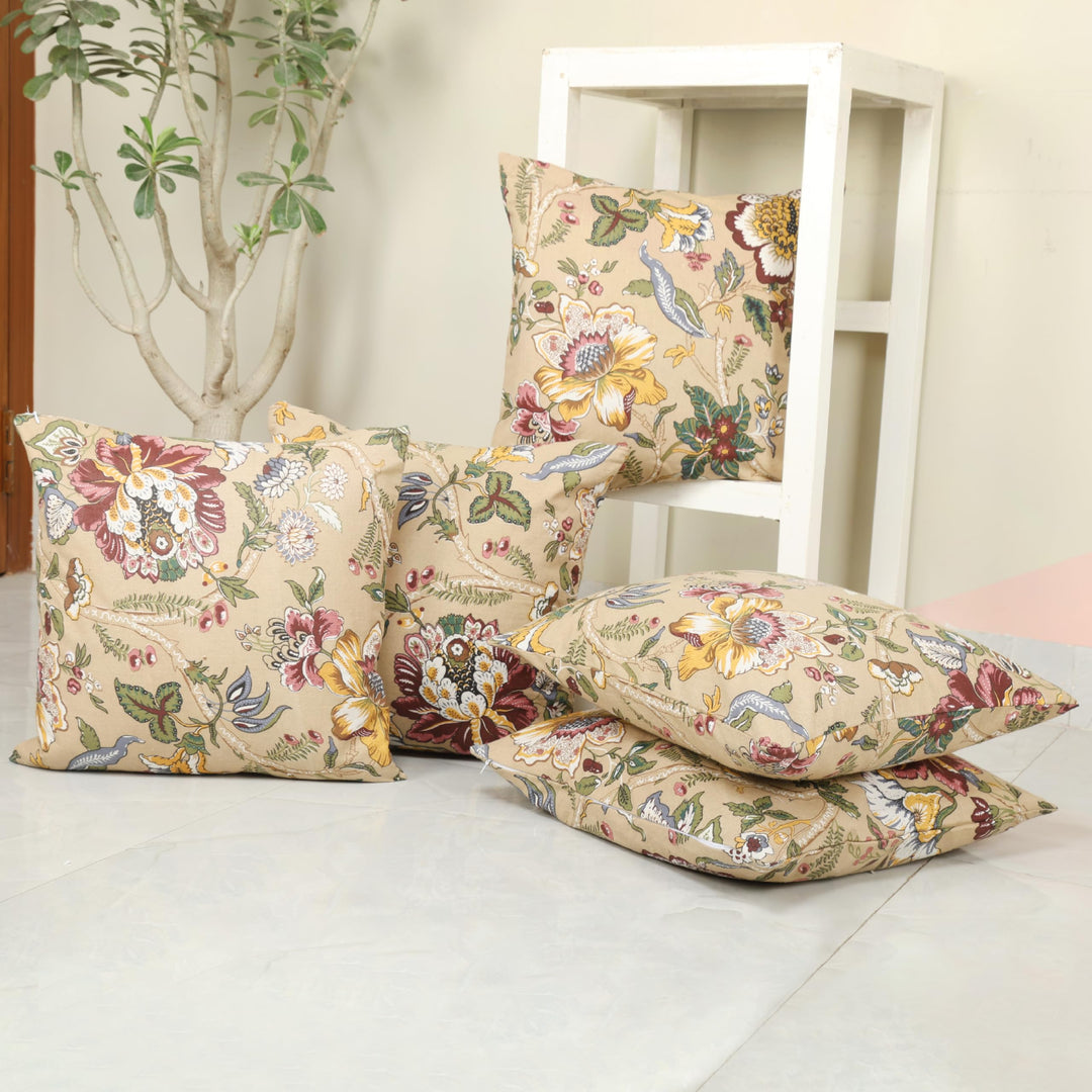 Cotton Cushion Covers Set of 5; 12x12 Inches; Floral Fushion
