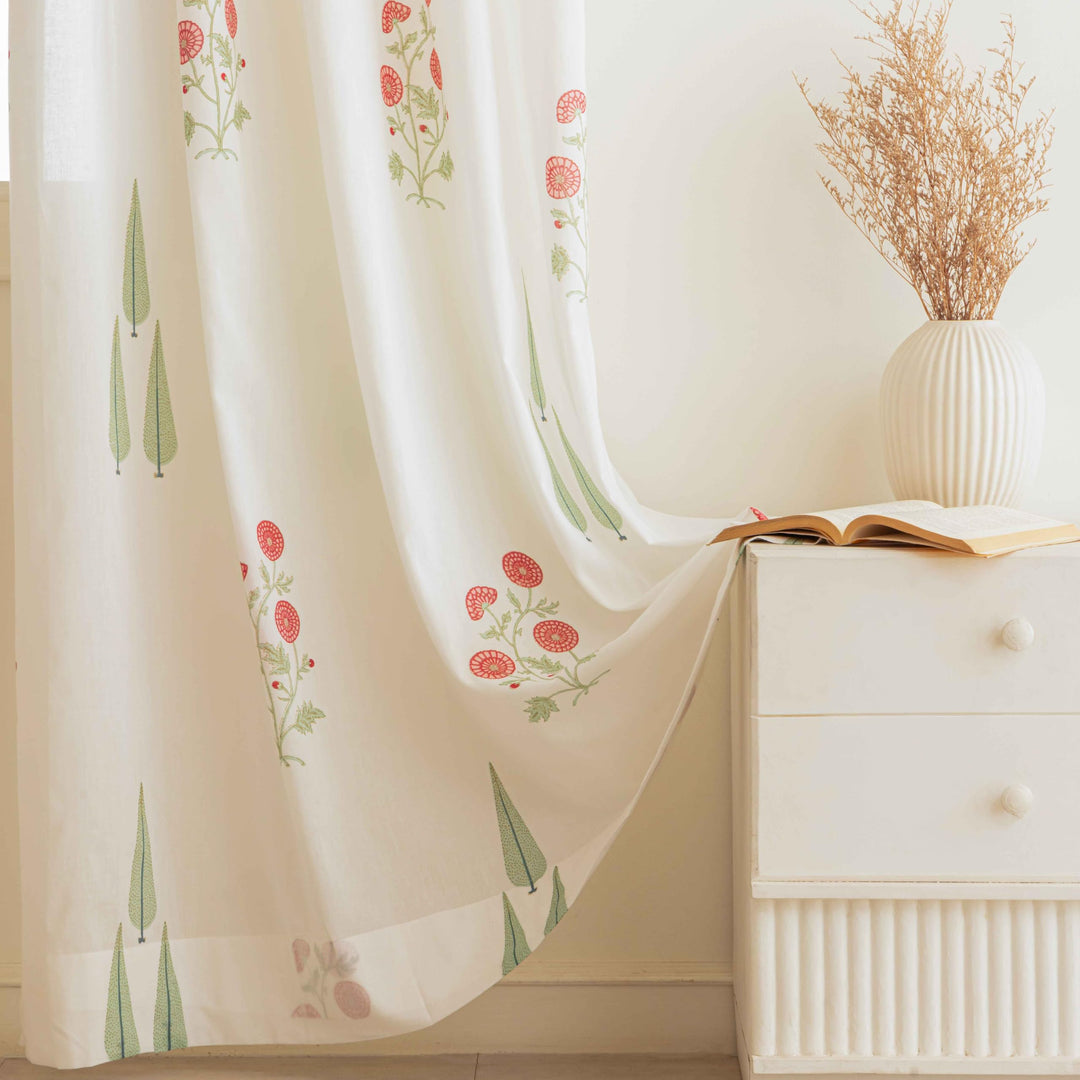 Block Print Sheer Long Door Curtains; 40% Light Filtering Linen Textured Curtains with Eyelets; Set of 2; 54x108 Inches/ 9 Feet; Elysian Blossom
