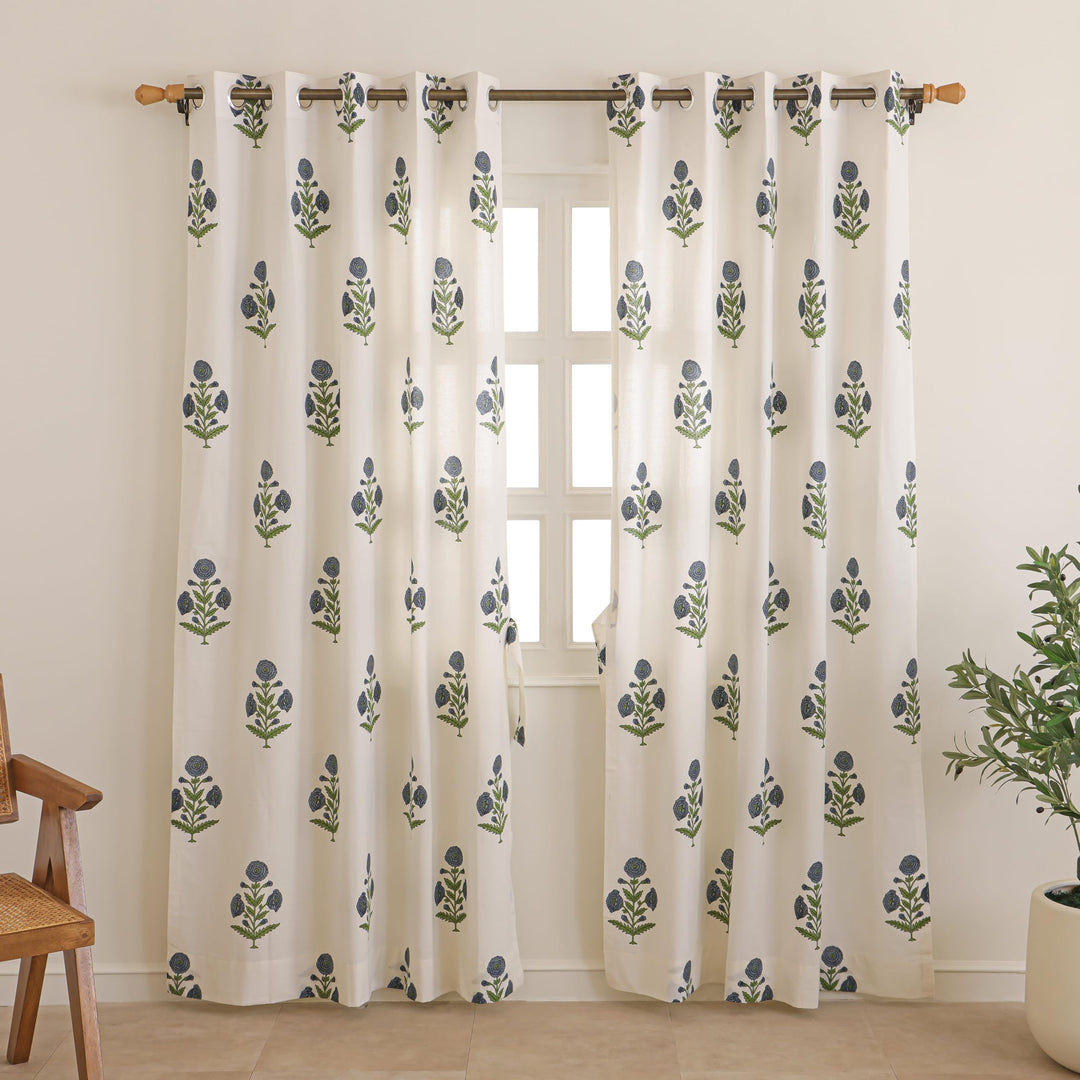 Block Print Door Curtains | 25% Light Filtering Cotton Curtains with Eyelets & Tieback | Set of 2 | 54x84 Inches/ 7 Feet | Blue Meadow