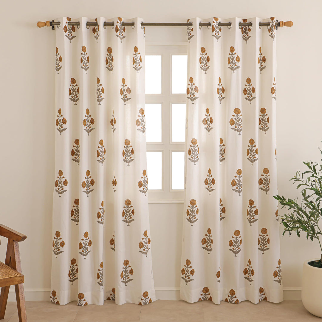 Block Print Door Curtains | 25% Light Filtering Cotton Curtains with Eyelets & Tieback | Set of 2 | 54x84 Inches/ 7 Feet | Saffron Bloom