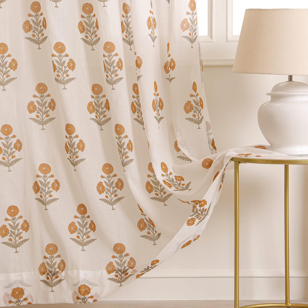 Block Print Sheer Door Curtains| 5 Feet | 40% Light Filtering Linen Textured Curtains with Eyelets | Handcrafted Floral