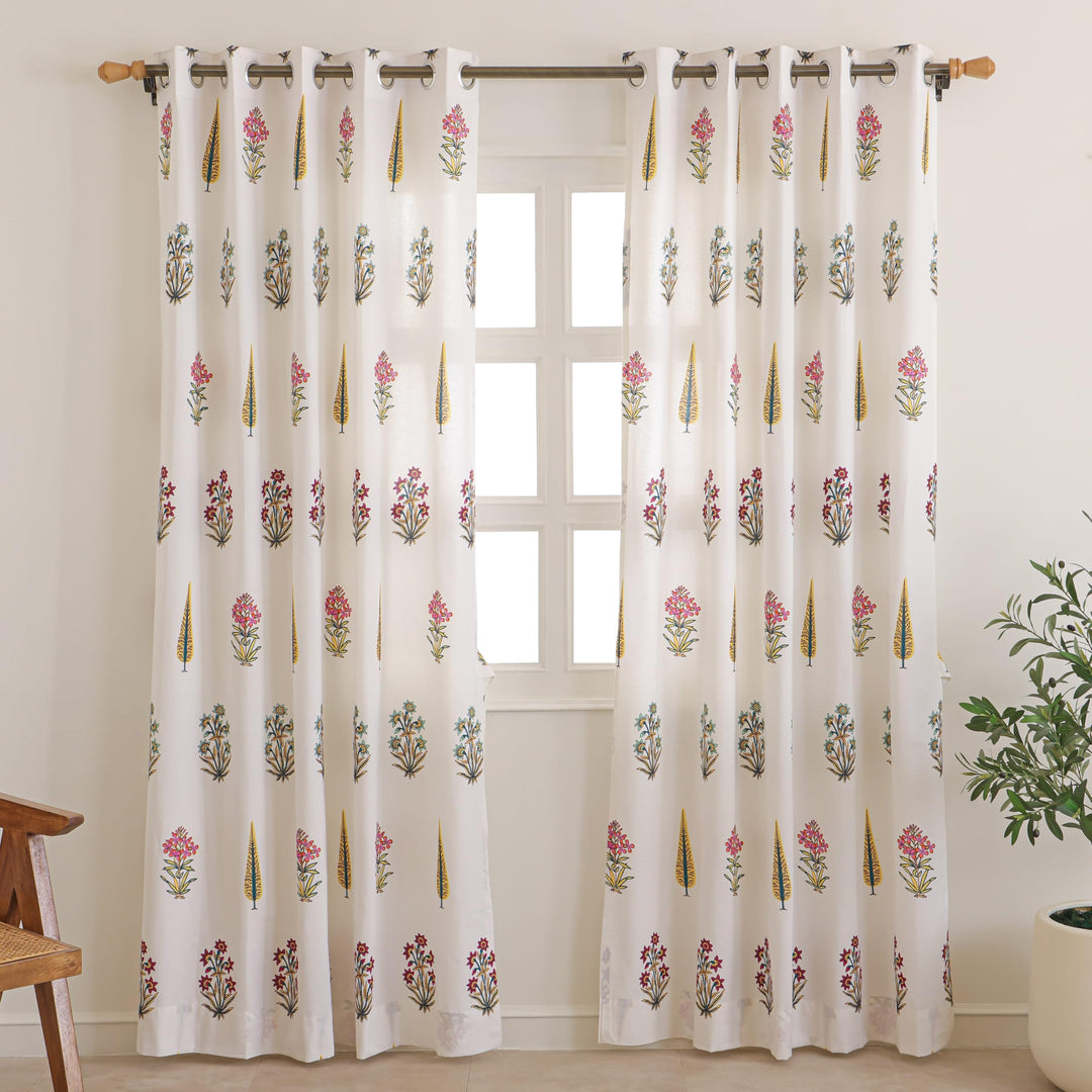 Block Print Door Curtains | 25% Light Filtering Cotton Curtains with Eyelets & Tieback | Set of 2 | 54x84 Inches/ 7 Feet | Jaipur Garden