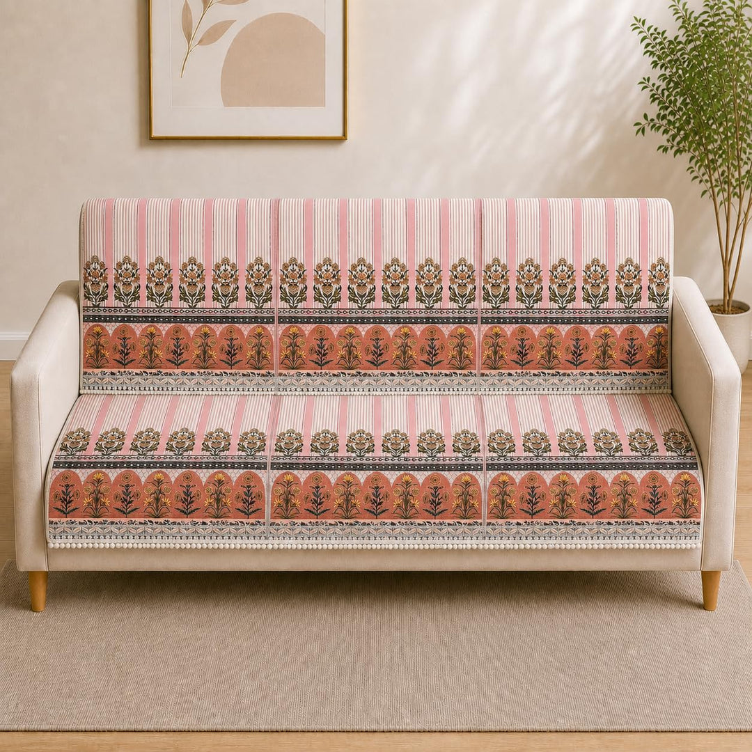 Suede Velvet Sofa Mat 3 Seater Back & Seat | Stripe - Coral Pink