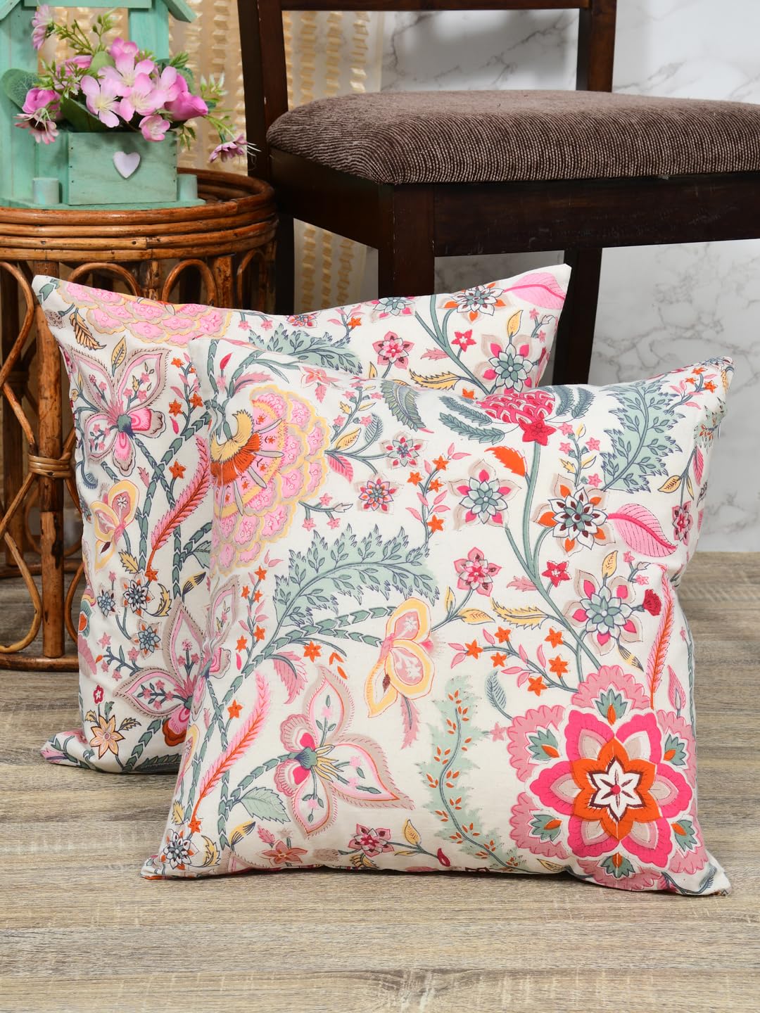 Cotton Cushion Covers; Living Room Throw Cushion; Set of 2; 24x24 Inches; Autumn Sedum