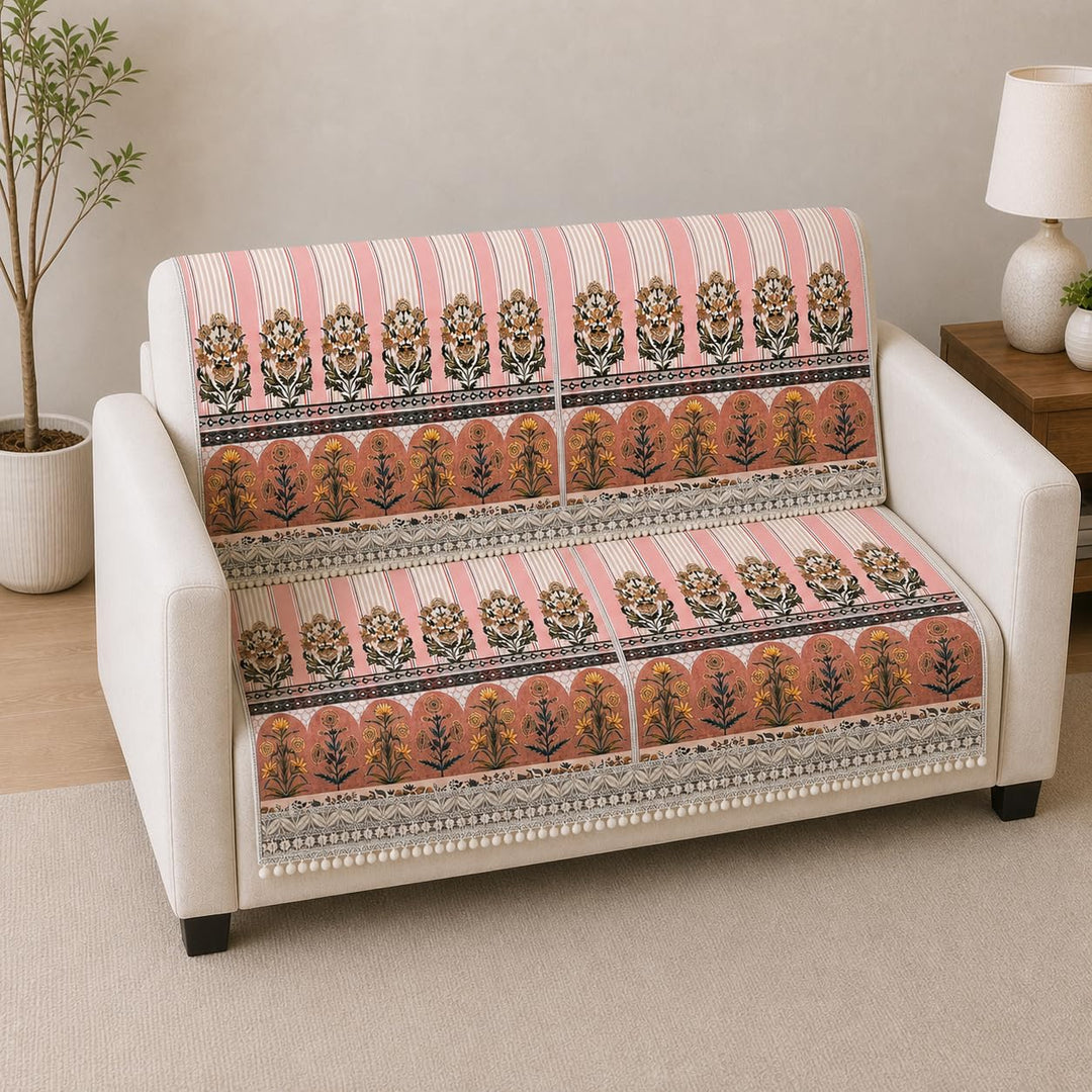 Suede Velvet Sofa Mat 2 Seater Back & Seat | Stripe - Coral Pink